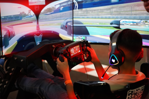 Imagem mostra um jovem em um game de simulação de corrida