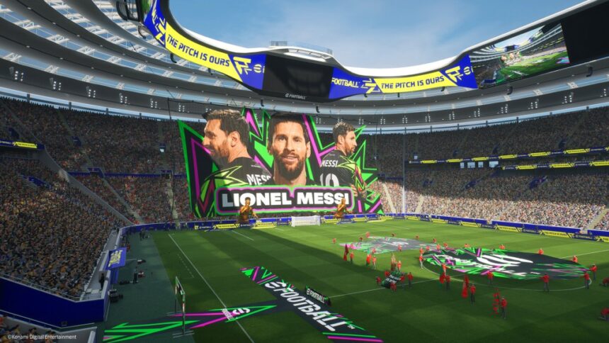 Imagem mostra um estádio com faixas para Lionel Messi no eFootball, da Konami